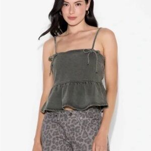 NWT Wild Fable Denim black wash Ruffle Hem Top with bow ties